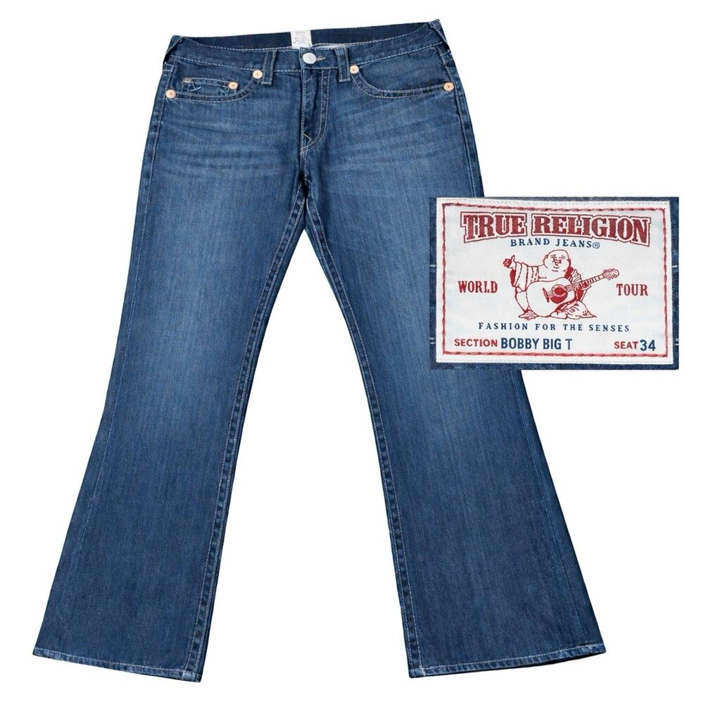 True Religion Mens Bobby Big T Bootcut Jeans 33 Y2K Thick Stitch USA Made